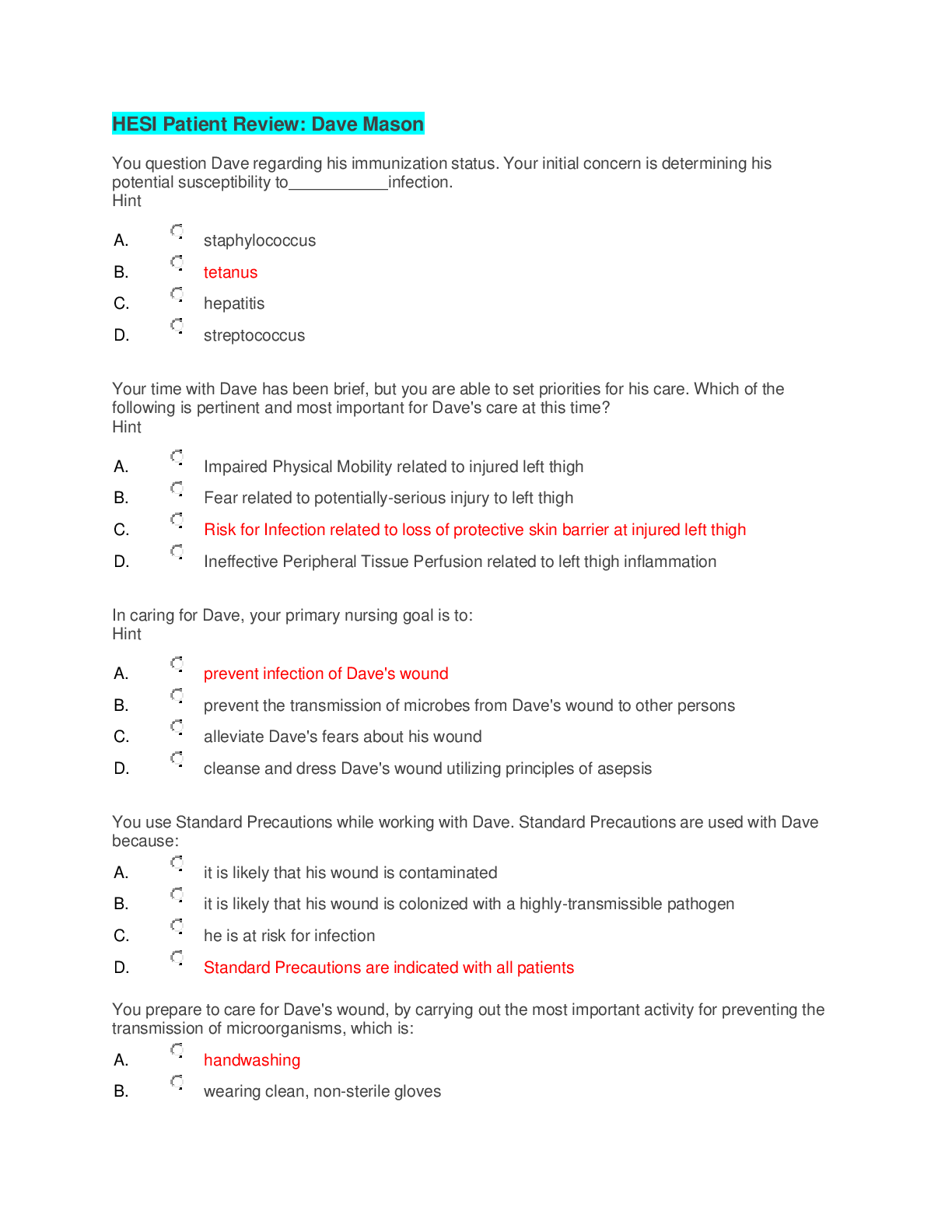 Preview image for HESI Patient Review: Dave Mason> Answered all answers graded correct.